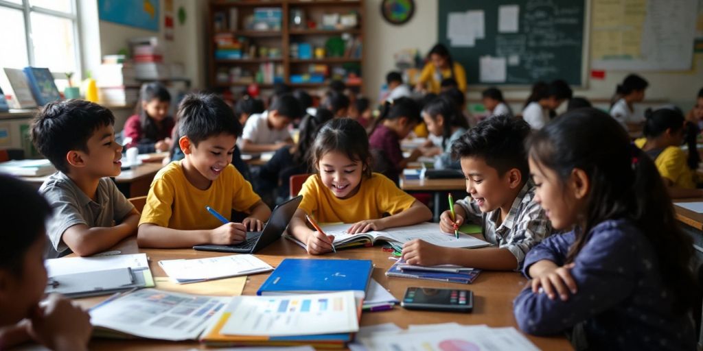 Gambar siswa muda belajar dengan antusias di kelas.