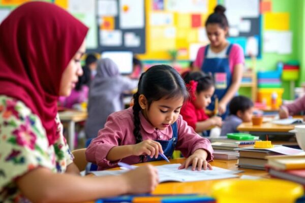 Kelas yang ceria dengan siswa aktif belajar bersama.