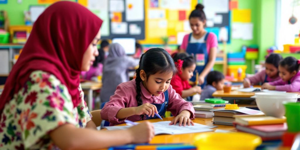 Kelas yang ceria dengan siswa aktif belajar bersama.