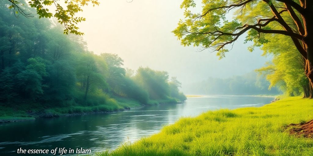 Pemandangan alam yang tenang, merefleksikan kehidupan dalam Islam.