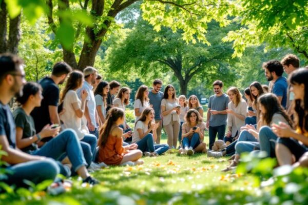 Kegiatan komunitas di taman yang ramai dan hijau.