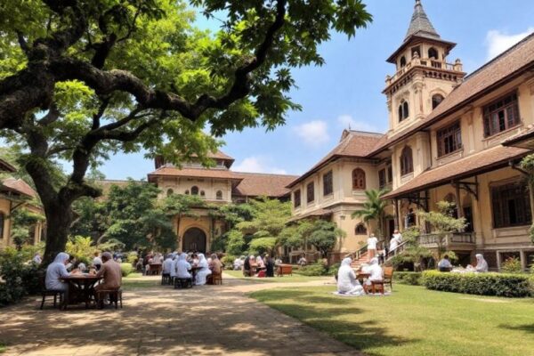 Gambaran pondok pesantren dengan siswa belajar di dalamnya.