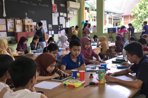 Scene belajar di pesantren dengan siswa yang aktif.