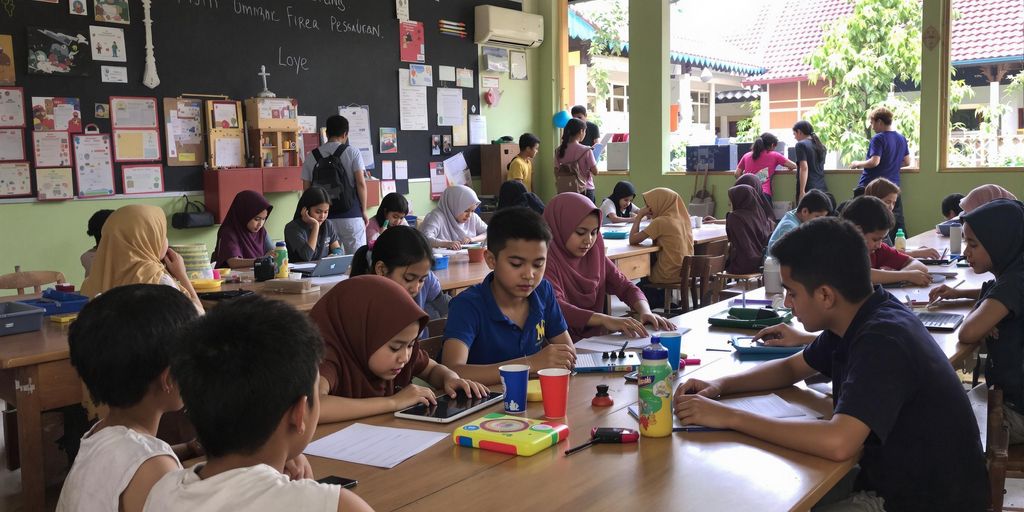 Scene belajar di pesantren dengan siswa yang aktif.