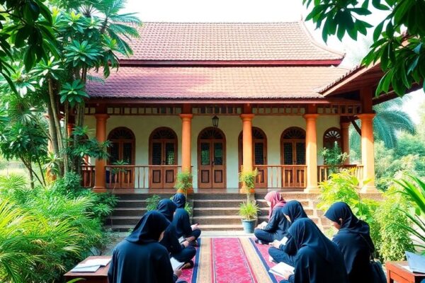 Gambar pondok pesantren dengan siswa belajar dan berdoa.