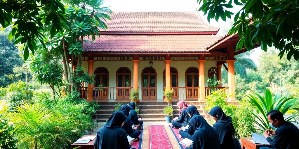 Gambar pondok pesantren dengan siswa belajar dan berdoa.