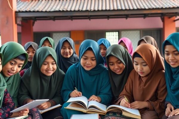 Kelompok siswa pesantren belajar bersama di Indonesia.