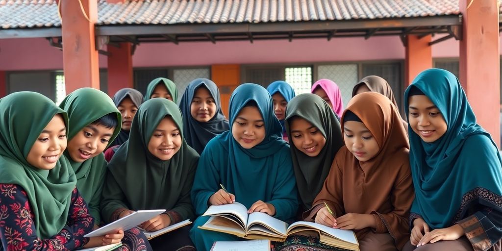 Kelompok siswa pesantren belajar bersama di Indonesia.